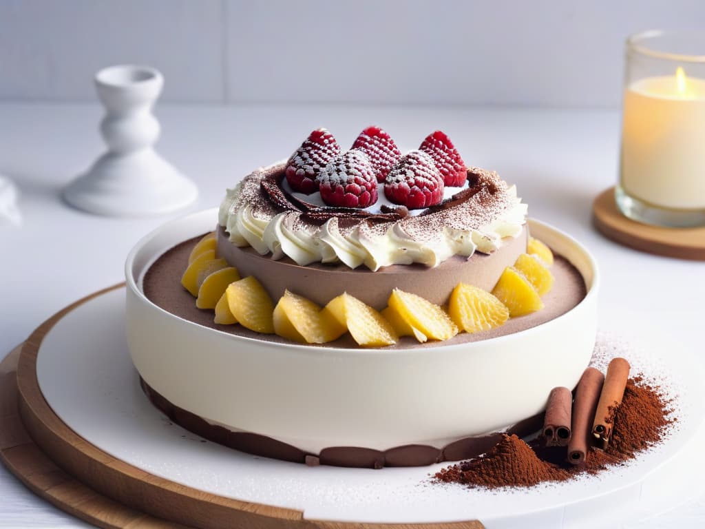  An elegant, minimalistic image showcasing a luxurious, velvety mousse in a pristine white bowl, garnished with a sprinkle of cocoa powder and a single fresh raspberry on top. The smooth texture of the mousse is perfectly captured, with soft lighting highlighting its creamy consistency. The background is a simple, clean white backdrop that allows the mousse to be the focal point, exuding sophistication and elegance. hyperrealistic, full body, detailed clothing, highly detailed, cinematic lighting, stunningly beautiful, intricate, sharp focus, f/1. 8, 85mm, (centered image composition), (professionally color graded), ((bright soft diffused light)), volumetric fog, trending on instagram, trending on tumblr, HDR 4K, 8K