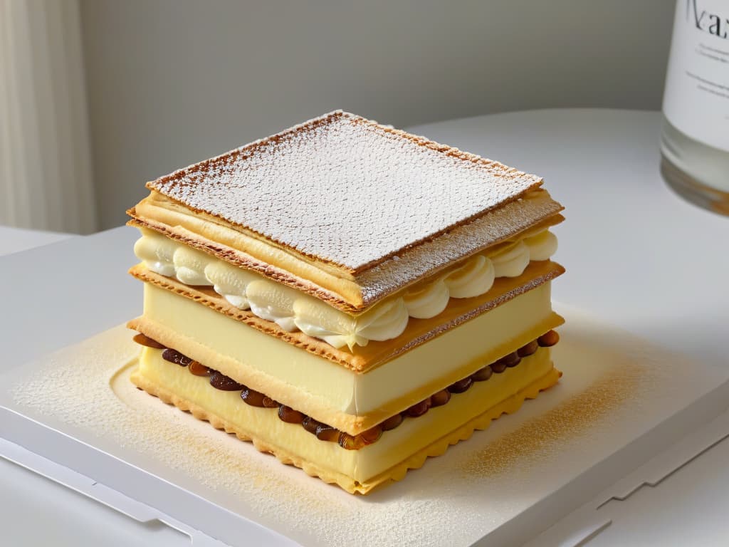  An ultradetailed image of a delicate, perfectly layered Mille Feuille pastry, showcasing its golden, flaky puff pastry adorned with precise lines of vanilla pastry cream, topped with a glossy layer of caramelized sugar, and finished with a dusting of powdered sugar. The intricate layers of the pastry are visible, highlighting the precision and skill required to create this classic French dessert. The image captures the elegant simplicity and sophisticated beauty of a Mille Feuille, inviting the viewer to explore the artistry and craftsmanship of French pastrymaking. hyperrealistic, full body, detailed clothing, highly detailed, cinematic lighting, stunningly beautiful, intricate, sharp focus, f/1. 8, 85mm, (centered image composition), (professionally color graded), ((bright soft diffused light)), volumetric fog, trending on instagram, trending on tumblr, HDR 4K, 8K