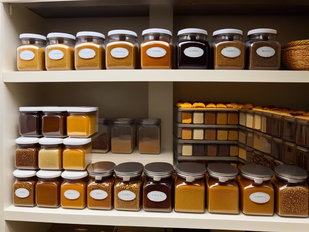  An ultradetailed image of a variety of exotic sugars in elegant glass jars, showcasing the rich textures and colors of panela, muscovado, demerara, and other specialty sugars. The jars are neatly arranged on a sleek, modern kitchen countertop, with soft, natural light filtering in to highlight the unique characteristics of each sugar variety. The labels on the jars are sophisticated and informative, adding to the overall aesthetic of the image. hyperrealistic, full body, detailed clothing, highly detailed, cinematic lighting, stunningly beautiful, intricate, sharp focus, f/1. 8, 85mm, (centered image composition), (professionally color graded), ((bright soft diffused light)), volumetric fog, trending on instagram, trending on tumblr, HDR 4K, 8K