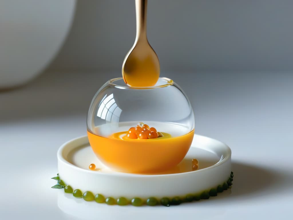  An ultrahighresolution image capturing a closeup view of a delicate spherical mango caviar encapsulated in a transparent gel sphere, placed elegantly on a sleek, modernist spoon. The vibrant orange hues of the mango pearls contrast beautifully with the glistening, crystalclear coating, emphasizing the intricate details of molecular gastronomy in dessertmaking. The minimalistic presentation highlights the precision and artistry involved in creating avantgarde sweet treats, embodying the essence of molecular pastry techniques with a touch of sophistication and innovation. hyperrealistic, full body, detailed clothing, highly detailed, cinematic lighting, stunningly beautiful, intricate, sharp focus, f/1. 8, 85mm, (centered image composition), (professionally color graded), ((bright soft diffused light)), volumetric fog, trending on instagram, trending on tumblr, HDR 4K, 8K