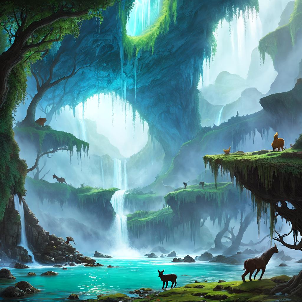  in a fantasy setting, Paint a surreal landscape where mythical beasts roam amidst cascading waterfalls.