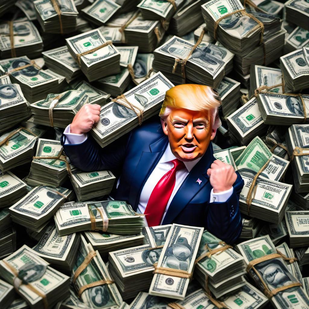  /hiresai Donald trump with bags of money hyperrealistic, full body, detailed clothing, highly detailed, cinematic lighting, stunningly beautiful, intricate, sharp focus, f/1. 8, 85mm, (centered image composition), (professionally color graded), ((bright soft diffused light)), volumetric fog, trending on instagram, trending on tumblr, HDR 4K, 8K