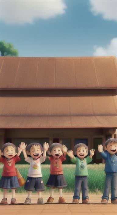  {A heartwarming scene of all the children waving goodbye with happy expressions., Children waving with wide smiles, looking grateful and content.