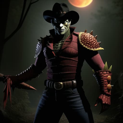  full body, fusion Freddy Krueger and a Reptile, malicious smile, bloody, gore, horror theme, nightmare, masterpiece, scale like skin, full body, lizard forked tongue, Freddy's knife fingers, , (masterpiece, best quality:1.5), HDR 4K, 8K