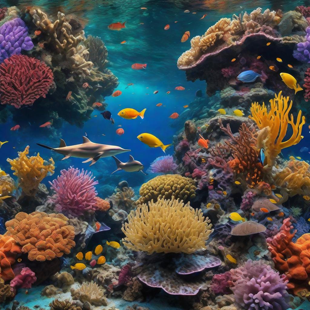  masterpiece, best quality, Most Beautiful in deep sea teeming with vibrant corals, diverse marine life, and enchanting underwater landscapes, full of corals, acrophore, small fishes, anemones, dolphin, various algaes, caves, colorful,all captured in stunning 8k resolution with intricate details.