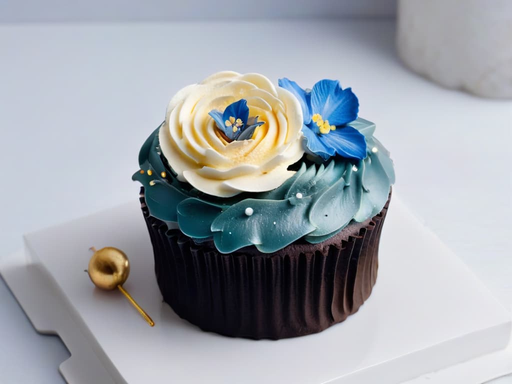  An ultradetailed photograph of a perfectly frosted cupcake, intricately garnished with delicate edible flowers and shimmering gold leaf, set against a sleek black background. The frosting swirls are immaculately piped, showcasing a gradient of pastel hues, while the flowers add a pop of vibrant color. The gold leaf catches the light, adding a touch of luxury and elegance to the composition. The overall aesthetic is clean, sophisticated, and visually striking, capturing the artistry and craftsmanship of bakery photography. hyperrealistic, full body, detailed clothing, highly detailed, cinematic lighting, stunningly beautiful, intricate, sharp focus, f/1. 8, 85mm, (centered image composition), (professionally color graded), ((bright soft diffused light)), volumetric fog, trending on instagram, trending on tumblr, HDR 4K, 8K