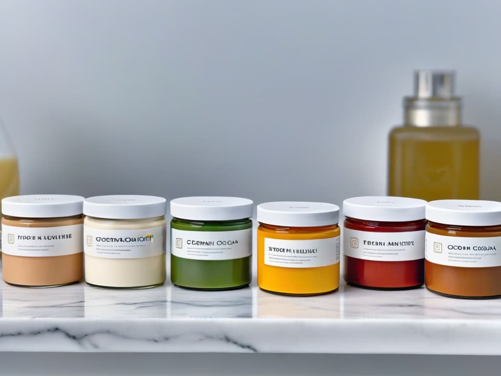  A minimalist image of a row of different brands of plantbased cream lined up on a sleek, white marble countertop. Each container is elegantly designed, showcasing the variety of options available to consumers looking for the best plantbased cream for their culinary creations. The labels are stylish and modern, with subtle pastel colors that add a touch of sophistication to the overall aesthetic. hyperrealistic, full body, detailed clothing, highly detailed, cinematic lighting, stunningly beautiful, intricate, sharp focus, f/1. 8, 85mm, (centered image composition), (professionally color graded), ((bright soft diffused light)), volumetric fog, trending on instagram, trending on tumblr, HDR 4K, 8K