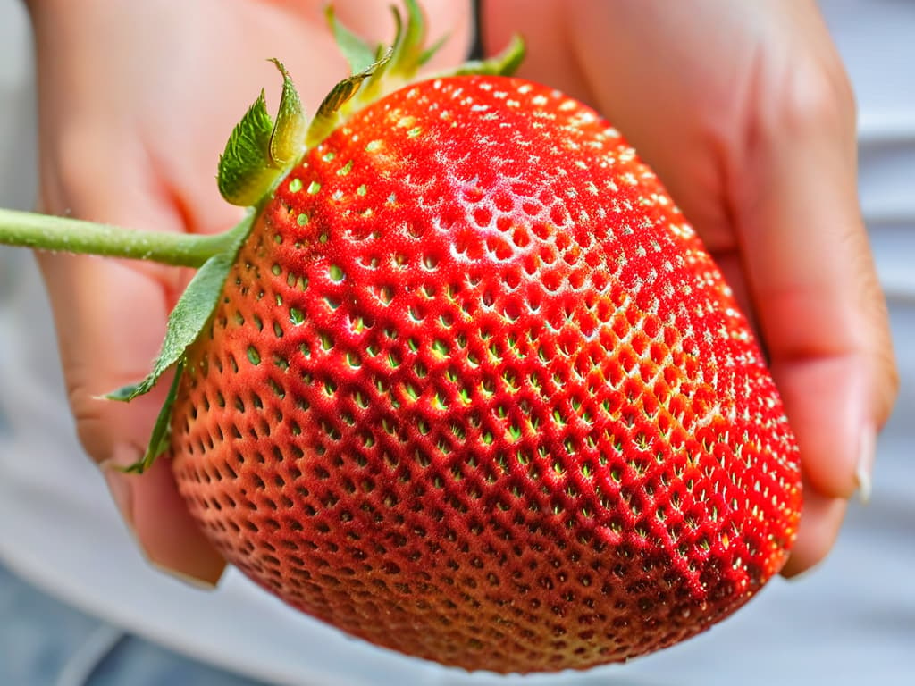  A closeup, ultradetailed image of a ripe, glossy red strawberry being gently crushed by a hand, showcasing the vibrant color and the tiny seeds bursting out, surrounded by a few leaves and droplets of juice, all against a clean, white background. hyperrealistic, full body, detailed clothing, highly detailed, cinematic lighting, stunningly beautiful, intricate, sharp focus, f/1. 8, 85mm, (centered image composition), (professionally color graded), ((bright soft diffused light)), volumetric fog, trending on instagram, trending on tumblr, HDR 4K, 8K