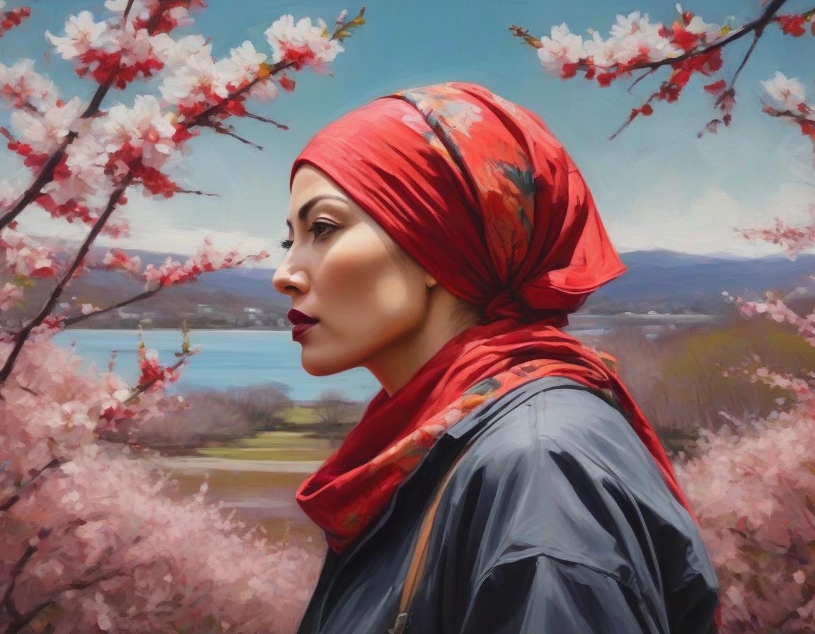  abstract expressionist painting A digital art portrait of a woman with a red headscarf, cherry blossoms in her hair, and serene landscape in the background. . energetic brushwork, bold colors, abstract forms, expressive, emotional hyperrealistic, full body, detailed clothing, highly detailed, cinematic lighting, stunningly beautiful, intricate, sharp focus, f/1. 8, 85mm, (centered image composition), (professionally color graded), ((bright soft diffused light)), volumetric fog, trending on instagram, trending on tumblr, HDR 4K, 8K