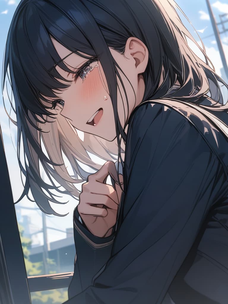  Black hair, girl, cute, shortcut, uniform, high school student, laughing, crying, blowing in the wind, masterpiece, best quality,8k,ultra detailed,high resolution,an extremely delicate and beautiful,hyper detail