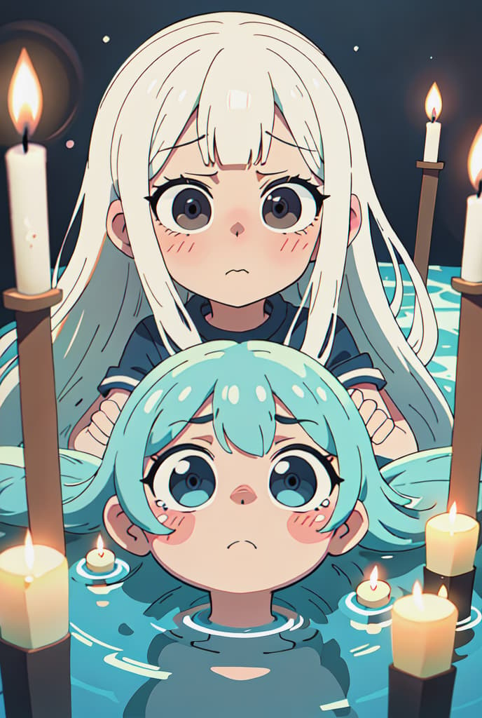  Close face, Manga Style, high detail eyes, focus face, cry, high detail eyes, dynamic, mermaid black eyes, long white hair, 2d anime, dark tone, sad, there are candles underwater, ADVERTISING PHOTO,high quality, good proportion, masterpiece , The image is captured with an 8k camera