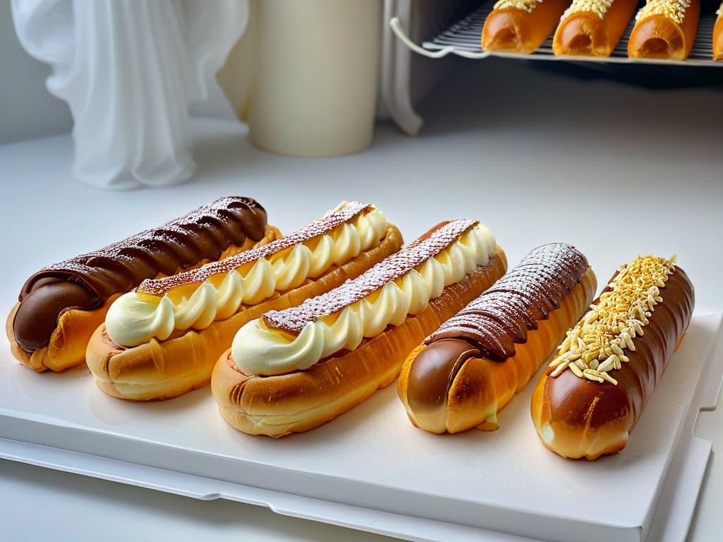  A highquality, minimalist image of a perfectly baked tray of goldenbrown éclairs cooling on a wire rack, showcasing their smooth, glossy surfaces and delicate elongated shapes. The background is softly blurred, emphasizing the precision and artistry of the pastry work, with a subtle hint of steam rising from the freshly baked éclairs, evoking a sense of warmth and indulgence. A soft, natural light gently illuminates the scene, highlighting the exquisite details of each éclair, from the crisp outer shell to the creamy filling peeking out from the ends. hyperrealistic, full body, detailed clothing, highly detailed, cinematic lighting, stunningly beautiful, intricate, sharp focus, f/1. 8, 85mm, (centered image composition), (professionally color graded), ((bright soft diffused light)), volumetric fog, trending on instagram, trending on tumblr, HDR 4K, 8K