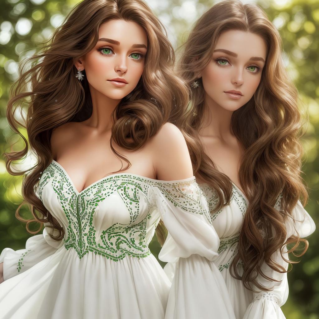  A closeup potrait of a beautiful woman with long brown hair and green eyes is wearing a white dress with an off the shoulder neckline. The dress is made of a sheer fabric and has intricate beading on the bodice. The woman's hair is styled in loose waves and she is wearing a soft, natural makeup look.