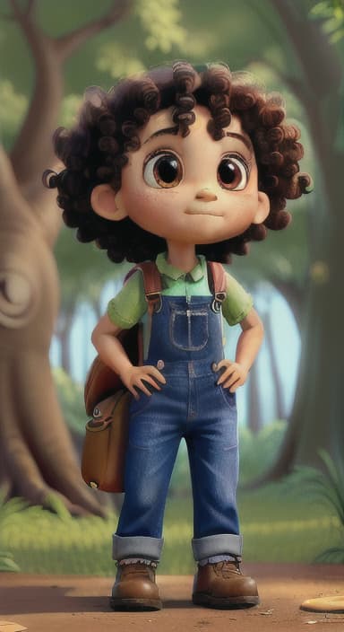  {The tree with a twinkling eye, while its leaves gently rustle., Riley, a curious with big brown eyes and curly hair, wearing overalls and carrying a small backpack. Their friend, Skye, a bluebird with shiny feathers.