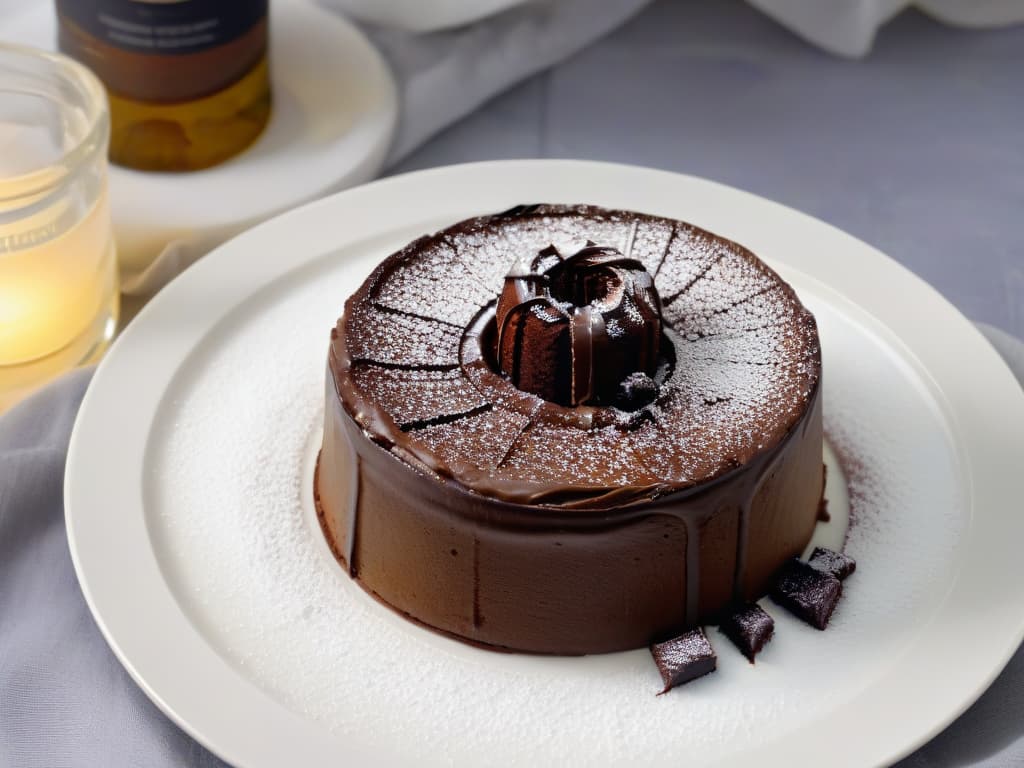  A closeup, ultradetailed image of a perfectly baked glutenfree chocolate lava cake, with a glossy surface that reflects ambient light, showcasing the rich, gooey center oozing out invitingly. The cake is dusted with a delicate sprinkle of powdered sugar, sitting on a pristine white plate with a subtle texture that highlights the contrast between the dark cake and the light background. The presentation is elegant and minimalistic, emphasizing the beauty and indulgence of glutenfree baking. hyperrealistic, full body, detailed clothing, highly detailed, cinematic lighting, stunningly beautiful, intricate, sharp focus, f/1. 8, 85mm, (centered image composition), (professionally color graded), ((bright soft diffused light)), volumetric fog, trending on instagram, trending on tumblr, HDR 4K, 8K