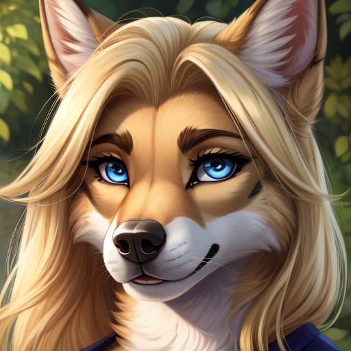  Anthro, Female, German Shepard, blue eyes, blond hair, open eyes, digital art, masterpiece, 4k, fine details,