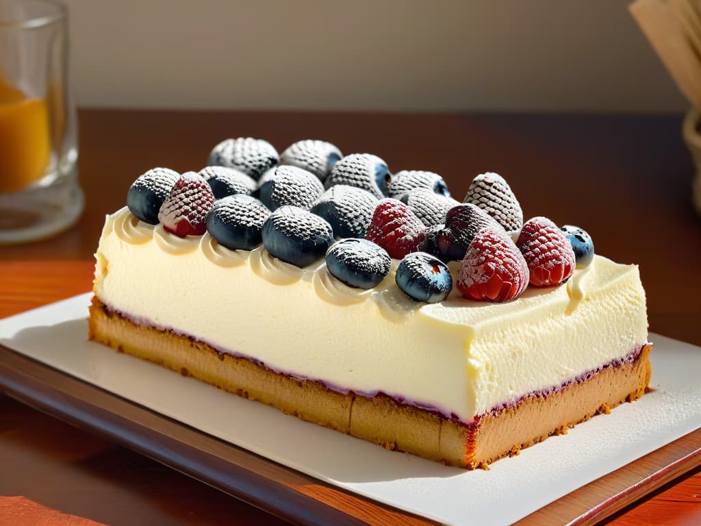  A closeup, photorealistic image of a decadent and creamy slice of healthy cheesecake topped with vibrant mixed berries, showcasing intricate details of the creamy texture and glistening fruit. The backdrop is a rustic wooden table with soft natural lighting that enhances the colors and textures of the dessert, evoking a sense of indulgence and freshness. hyperrealistic, full body, detailed clothing, highly detailed, cinematic lighting, stunningly beautiful, intricate, sharp focus, f/1. 8, 85mm, (centered image composition), (professionally color graded), ((bright soft diffused light)), volumetric fog, trending on instagram, trending on tumblr, HDR 4K, 8K