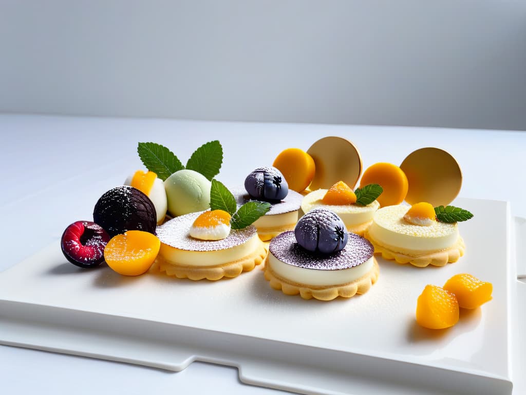  A highresolution image of a sleek, modern dessert platter featuring a variety of uniquely flavored desserts arranged elegantly on a white plate. Each dessert is meticulously crafted and visually stunning, showcasing a harmonious blend of global flavor combinations such as matchainfused macarons, saffroninfused crème brûlée, and lavenderinfused panna cotta. The presentation is artfully minimalist, with a focus on the vibrant colors and intricate details of each dessert, creating a visually striking and appetizing image that perfectly complements the theme of innovative flavor combinations in global dessert trends. hyperrealistic, full body, detailed clothing, highly detailed, cinematic lighting, stunningly beautiful, intricate, sharp focus, f/1. 8, 85mm, (centered image composition), (professionally color graded), ((bright soft diffused light)), volumetric fog, trending on instagram, trending on tumblr, HDR 4K, 8K