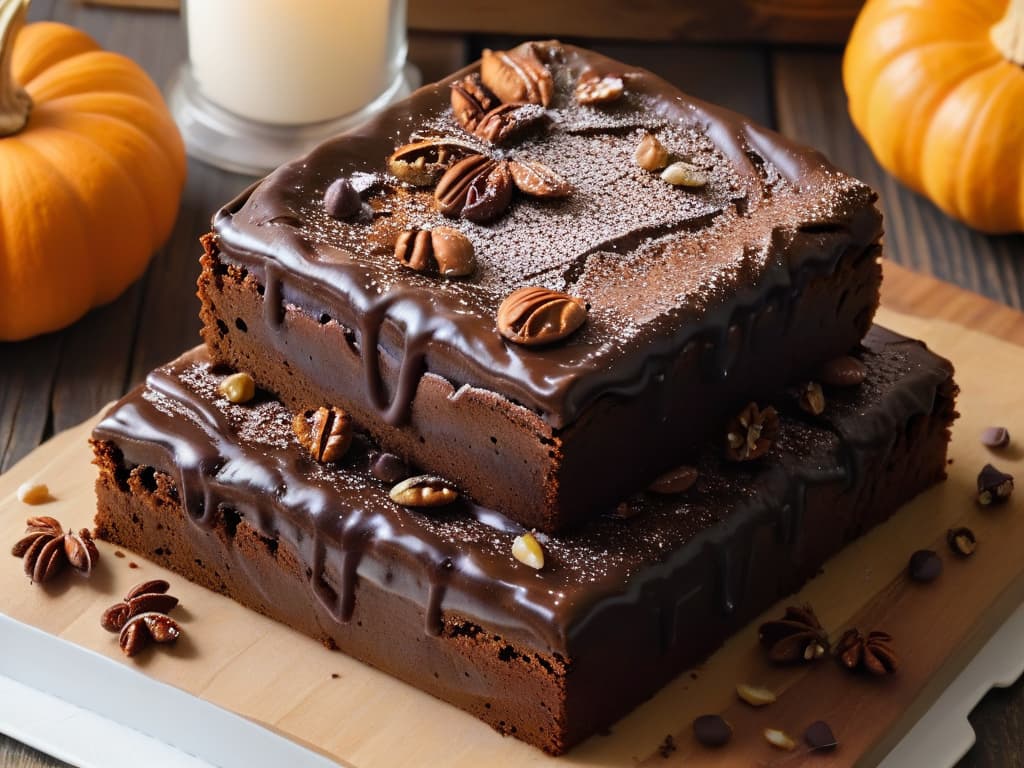  A closeup, ultradetailed image of a freshly baked pumpkin brownie with a glossy chocolate glaze on top, sprinkled with crushed pecans and a dusting of cinnamon, resting on a rustic wooden table with a scattering of autumn leaves around it. The brownie is perfectly sliced to show its moist, fudgy interior studded with chunks of pumpkin and chocolate chips, exuding a warm, inviting aroma that captures the essence of a cozy autumn day. hyperrealistic, full body, detailed clothing, highly detailed, cinematic lighting, stunningly beautiful, intricate, sharp focus, f/1. 8, 85mm, (centered image composition), (professionally color graded), ((bright soft diffused light)), volumetric fog, trending on instagram, trending on tumblr, HDR 4K, 8K