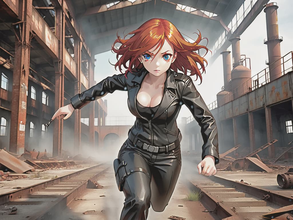  hyperrealistic art "Beautiful eyes, beautiful hands, girl with red hair, special agent in a black leather suit runs on an abandoned factory site" . extremely high-resolution details, photographic, realism pushed to extreme, fine texture, incredibly lifelike
