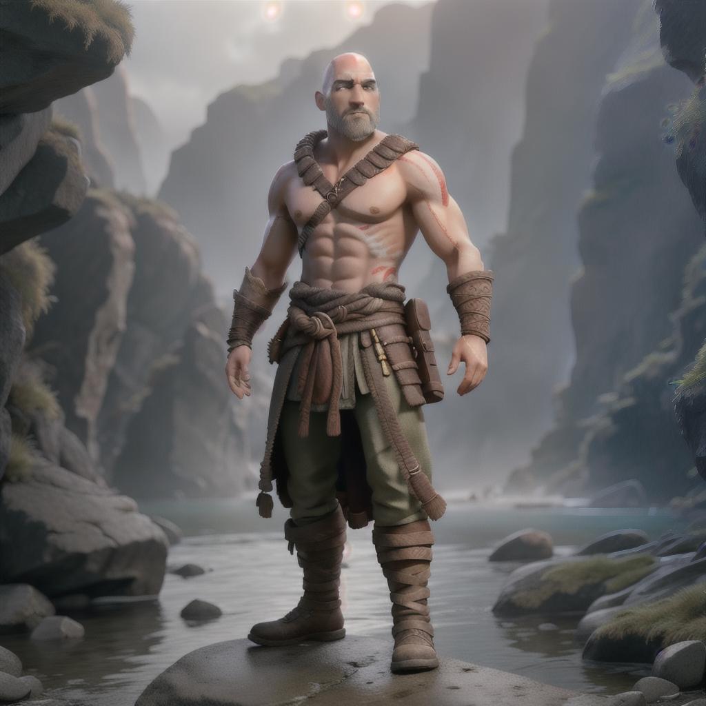  God of war hyperrealistic, full body, detailed clothing, highly detailed, cinematic lighting, stunningly beautiful, intricate, sharp focus, f/1. 8, 85mm, (centered image composition), (professionally color graded), ((bright soft diffused light)), volumetric fog, trending on instagram, trending on tumblr, HDR 4K, 8K