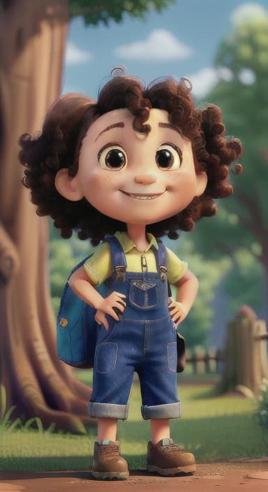  {The tree with a smiling face formed by its bark, looking down at Riley., Riley, a curious with big brown eyes and curly hair, wearing overalls and carrying a small backpack. Their friend, Skye, a bluebird with shiny feathers.