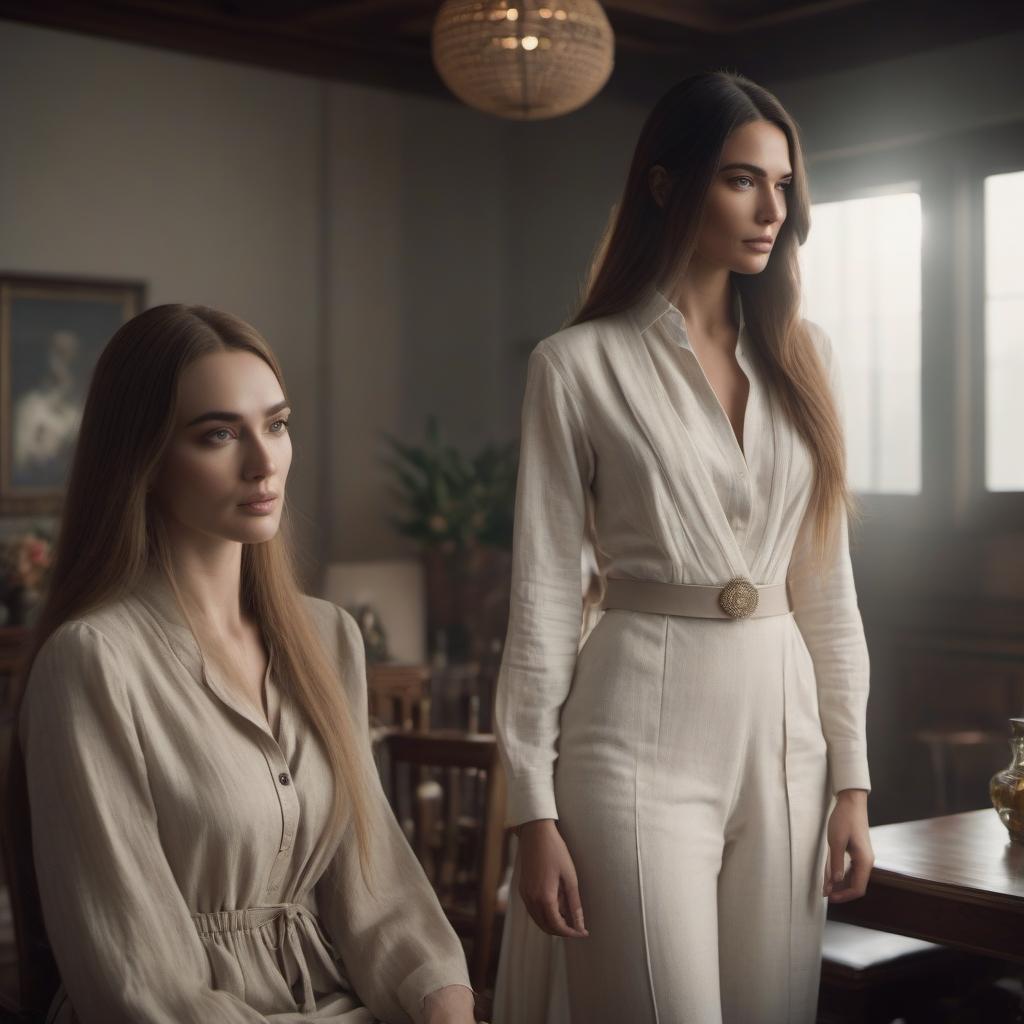  A girl with very long hair in a linen outfit and a man are close in the room. hyperrealistic, full body, detailed clothing, highly detailed, cinematic lighting, stunningly beautiful, intricate, sharp focus, f/1. 8, 85mm, (centered image composition), (professionally color graded), ((bright soft diffused light)), volumetric fog, trending on instagram, trending on tumblr, HDR 4K, 8K