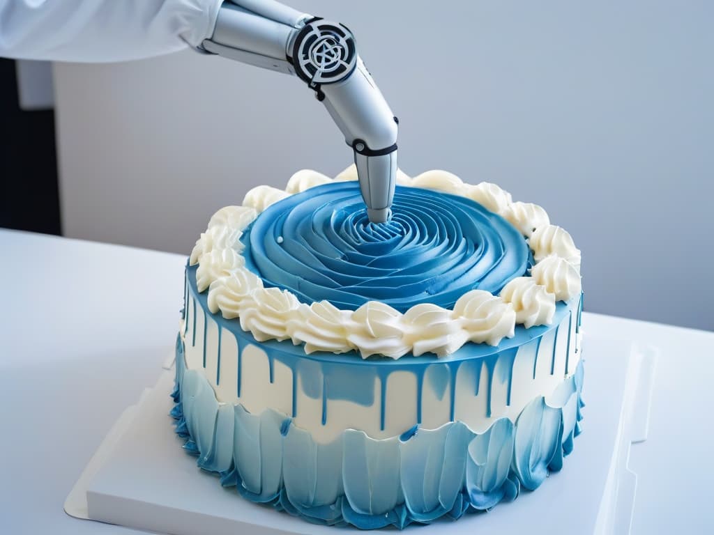  A closeup, ultradetailed image of a sleek, futuristic baking robot arm delicately piping intricate swirls of frosting onto a multilayered cake. The robot arm is crafted from shiny silver metal, with glowing LED lights indicating its precision movements, set against a clean, white backdrop to emphasize its advanced technology and innovative approach to pastry creation. hyperrealistic, full body, detailed clothing, highly detailed, cinematic lighting, stunningly beautiful, intricate, sharp focus, f/1. 8, 85mm, (centered image composition), (professionally color graded), ((bright soft diffused light)), volumetric fog, trending on instagram, trending on tumblr, HDR 4K, 8K