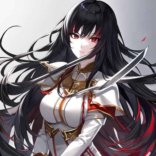  a girl manhua character with black hair and red eyes with white skin wearing knite dress and carrying a sword hyperrealistic, full body, detailed clothing, highly detailed, cinematic lighting, stunningly beautiful, intricate, sharp focus, f/1. 8, 85mm, (centered image composition), (professionally color graded), ((bright soft diffused light)), volumetric fog, trending on instagram, trending on tumblr, HDR 4K, 8K