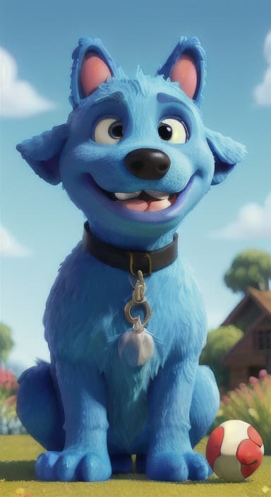  {Max carefully picking up the ball with his teeth without disturbing the flowers, The big blue dog is large with sky blue fur, big round eyes, a black nose, and floppy ears.