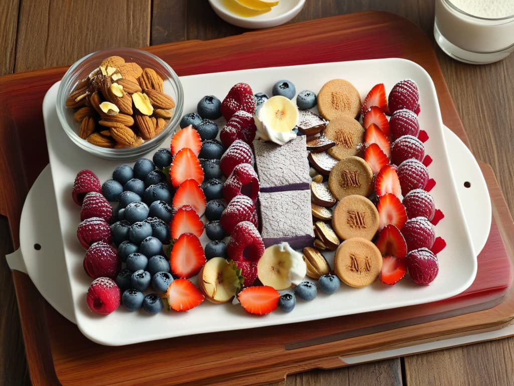  A highresolution image of a beautifully styled platter of proteinpacked desserts, featuring a variety of options like protein bars, Greek yogurt parfaits with fresh berries, chia seed pudding topped with nuts, and protein pancakes drizzled with honey. The desserts are elegantly arranged on a sleek, white marble serving board with scattered pistachio shells and a few scattered raspberries for a pop of color. The minimalist composition highlights the textures and colors of the nutritious treats, making them look both delicious and visually appealing. hyperrealistic, full body, detailed clothing, highly detailed, cinematic lighting, stunningly beautiful, intricate, sharp focus, f/1. 8, 85mm, (centered image composition), (professionally color graded), ((bright soft diffused light)), volumetric fog, trending on instagram, trending on tumblr, HDR 4K, 8K