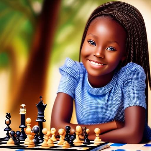 portrait+ style A beautiful young African girl playing chess, stable diffusion, absolute reality v1.6, photo realistic raw, in the style of jacek yerka and moebius and hr giger