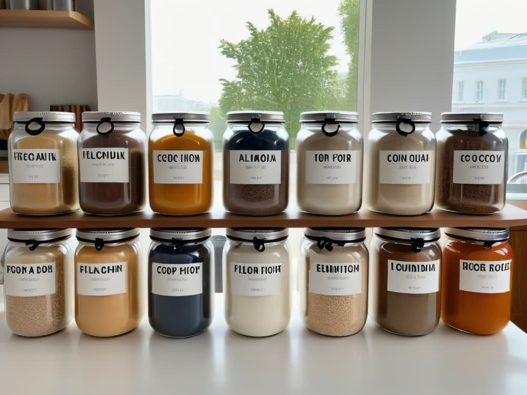  An 8k ultradetailed image of a sleek, minimalist kitchen countertop adorned with a variety of popular alternative flours neatly arranged in modern, labeled glass jars. Each jar is elegantly designed, showcasing a different flour type, such as almond, coconut, quinoa, and chickpea flour. The natural sunlight streaming in through a nearby window casts a soft, warm glow on the countertop, creating a visually appealing and inviting scene that complements the informative tone of the article. hyperrealistic, full body, detailed clothing, highly detailed, cinematic lighting, stunningly beautiful, intricate, sharp focus, f/1. 8, 85mm, (centered image composition), (professionally color graded), ((bright soft diffused light)), volumetric fog, trending on instagram, trending on tumblr, HDR 4K, 8K