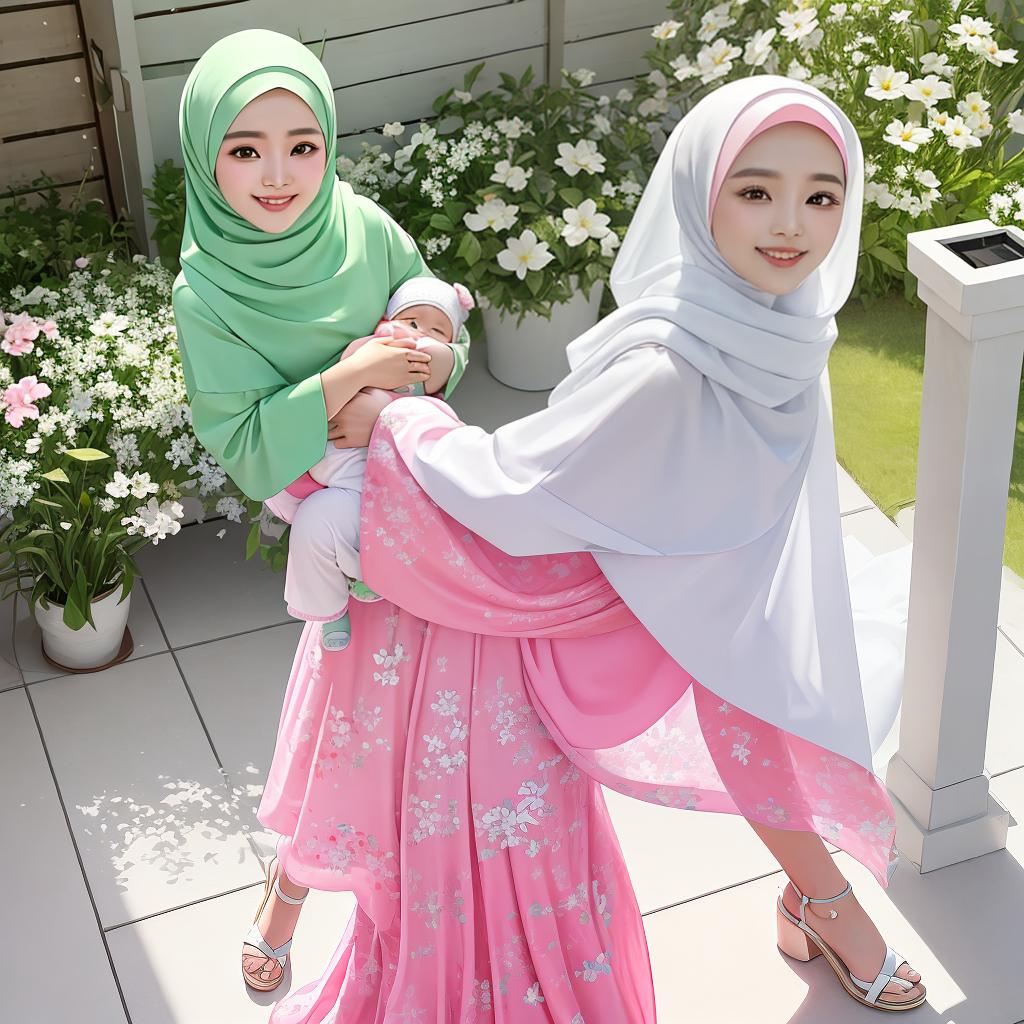  masterpiece, best quality, (Fidelity: 1.4), Best Quality, Masterpiece, Ultra High Resolution, a young Indonesian woman in white hijab is making a smiling face at the camera, standing (full body) with wearing a pink green dress that says "Chyntia". and holding her funny little baby girl in a cozy room, Outdoor background on a modern home, realistic ultra HD detail, cinematic lighting effects