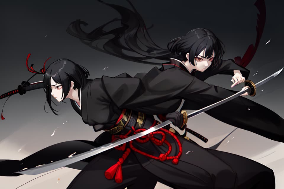  One, one , black kimono, black hair, black eyes, Japanese swords, long swords, hips, hold a sword, night, moon, serious expression, cooling face , Glowing eyes, small s, slender, imminent, running, cutting, riding, sprinting, stepping in, dust, wind, slashing