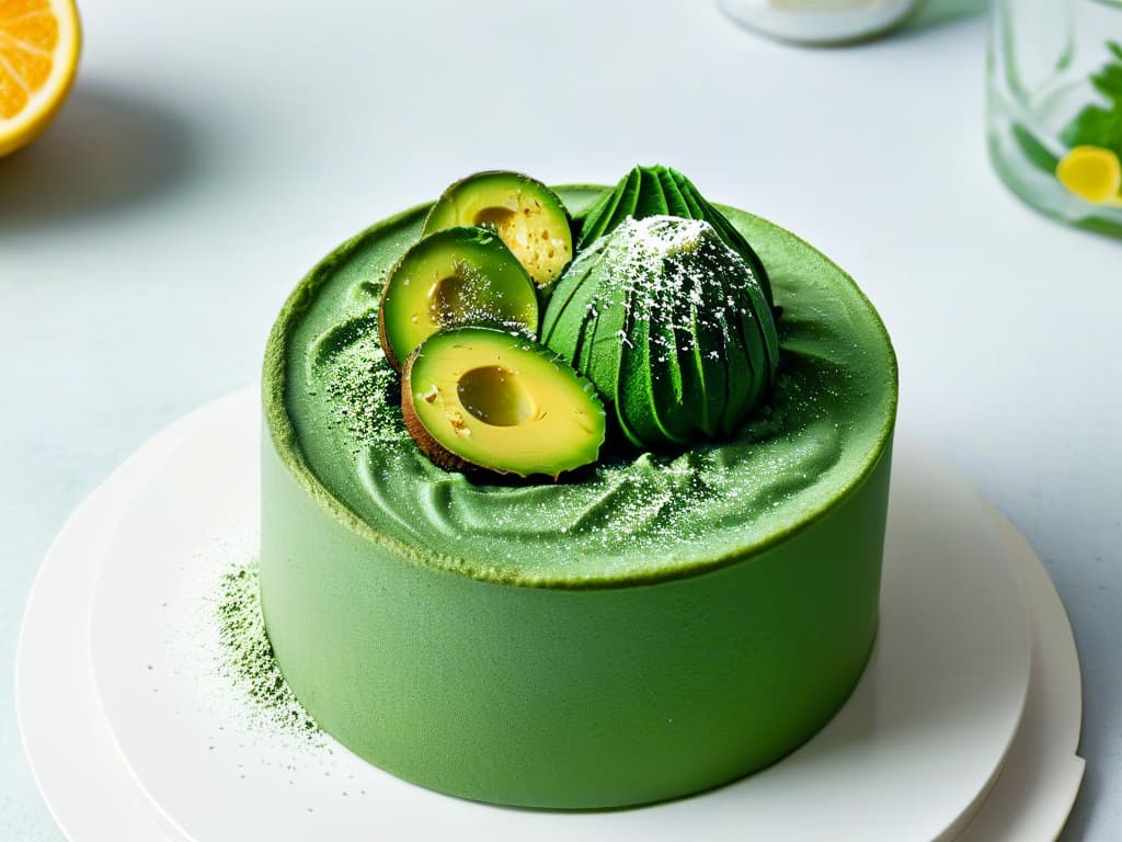  An ultradetailed closeup image of a decadent chocolate avocado mousse topped with a sprinkle of vibrant green spirulina powder, set against a sleek, minimalist white backdrop. The mousse is rich and velvety, with a glossy sheen that reflects the light, while the spirulina powder adds a pop of color and a hint of earthy flavor. The textures are so vivid that viewers can almost taste the creamy sweetness and feel the slight crunch of the spirulina. This visually striking image perfectly captures the essence of advanced spirulina dessert recipes luxurious, nutritious, and irresistibly delicious. hyperrealistic, full body, detailed clothing, highly detailed, cinematic lighting, stunningly beautiful, intricate, sharp focus, f/1. 8, 85mm, (centered image composition), (professionally color graded), ((bright soft diffused light)), volumetric fog, trending on instagram, trending on tumblr, HDR 4K, 8K