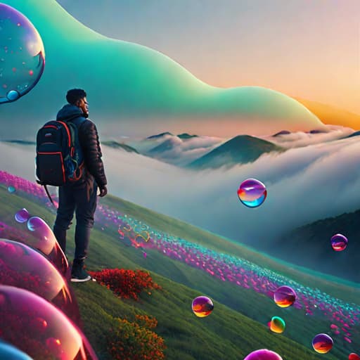  Dmt dreamscape, colorful bubbles, geometric shapes hyperrealistic, full body, detailed clothing, highly detailed, cinematic lighting, stunningly beautiful, intricate, sharp focus, f/1. 8, 85mm, (centered image composition), (professionally color graded), ((bright soft diffused light)), volumetric fog, trending on instagram, trending on tumblr, HDR 4K, 8K