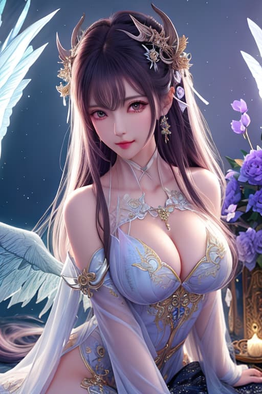  ((best quality)), ((masterpiece)), (detailed), alluring succubus, ethereal beauty, perched on a cloud, (fantasy illustration:1.3), enchanting gaze, captivating pose, delicate wings, otherworldly charm, mystical sky, (Luis Royo:1.2), (Yoshitaka Amano:1.1), moonlit night, soft colors, (detailed cloudscape:1.3), (high resolution:1.2) hyperrealistic, full body, detailed clothing, highly detailed, cinematic lighting, stunningly beautiful, intricate, sharp focus, f/1. 8, 85mm, (centered image composition), (professionally color graded), ((bright soft diffused light)), volumetric fog, trending on instagram, trending on tumblr, HDR 4K, 8K