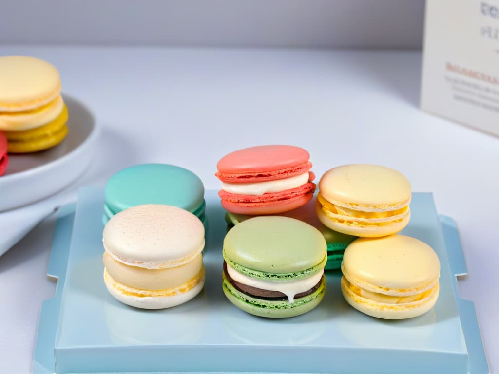  A closeup, ultradetailed image of perfectly round, smooth, and glossy macarons in pastel colors, delicately sandwiched together with a rich and creamy filling. The texture of the macarons should be flawless, showcasing the characteristic "feet" at the base, with a subtle sprinkling of powdered sugar on top adding a touch of elegance. The colors should be soft and inviting, evoking a sense of sophistication and precision in macaron preparation. hyperrealistic, full body, detailed clothing, highly detailed, cinematic lighting, stunningly beautiful, intricate, sharp focus, f/1. 8, 85mm, (centered image composition), (professionally color graded), ((bright soft diffused light)), volumetric fog, trending on instagram, trending on tumblr, HDR 4K, 8K