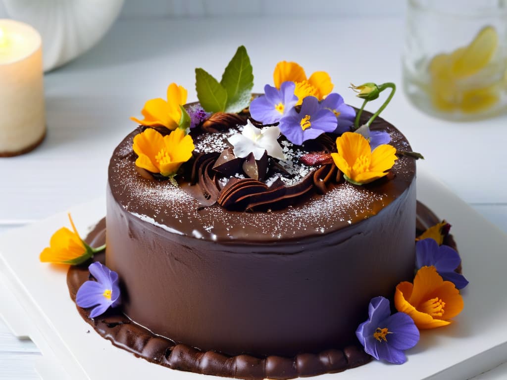  A closeup, highresolution image of a decadent chocolate cake adorned with unexpected ingredients like edible flowers, sea salt flakes, and chili pepper slices. The cake is beautifully presented on a sleek, white minimalist plate, showcasing a perfect balance of rich, dark chocolate and the surprising combination of complementary flavors and textures. The lighting is soft and elegant, highlighting the intricate details of the cake and enhancing its visual appeal. hyperrealistic, full body, detailed clothing, highly detailed, cinematic lighting, stunningly beautiful, intricate, sharp focus, f/1. 8, 85mm, (centered image composition), (professionally color graded), ((bright soft diffused light)), volumetric fog, trending on instagram, trending on tumblr, HDR 4K, 8K