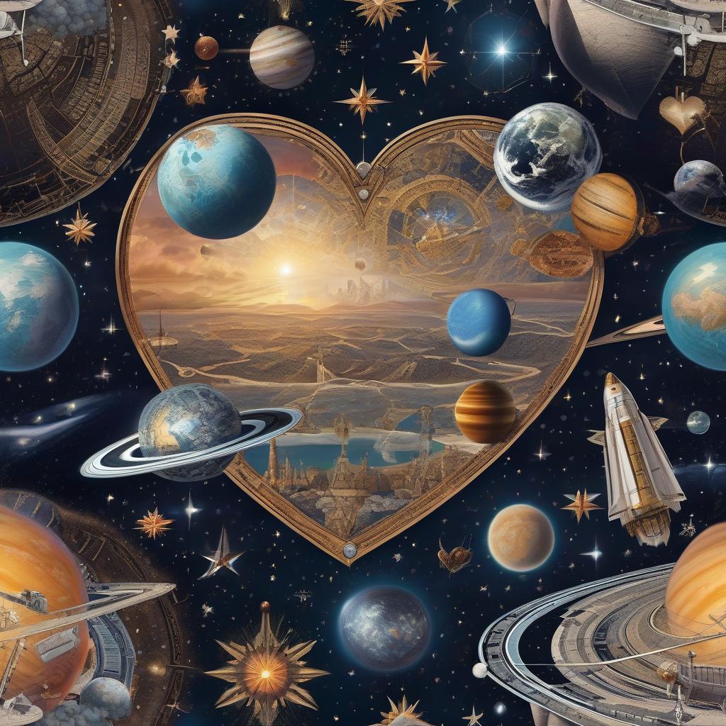  space themed Create a collage with images, with a star in the upper left corner, a heart in the upper right corner, a circle in the lower left corner, a cross in the lower right corner, and a pentagram in the middle. . cosmic, celestial, stars, galaxies, nebulas, planets, science fiction, highly detailed hyperrealistic, full body, detailed clothing, highly detailed, cinematic lighting, stunningly beautiful, intricate, sharp focus, f/1. 8, 85mm, (centered image composition), (professionally color graded), ((bright soft diffused light)), volumetric fog, trending on instagram, trending on tumblr, HDR 4K, 8K