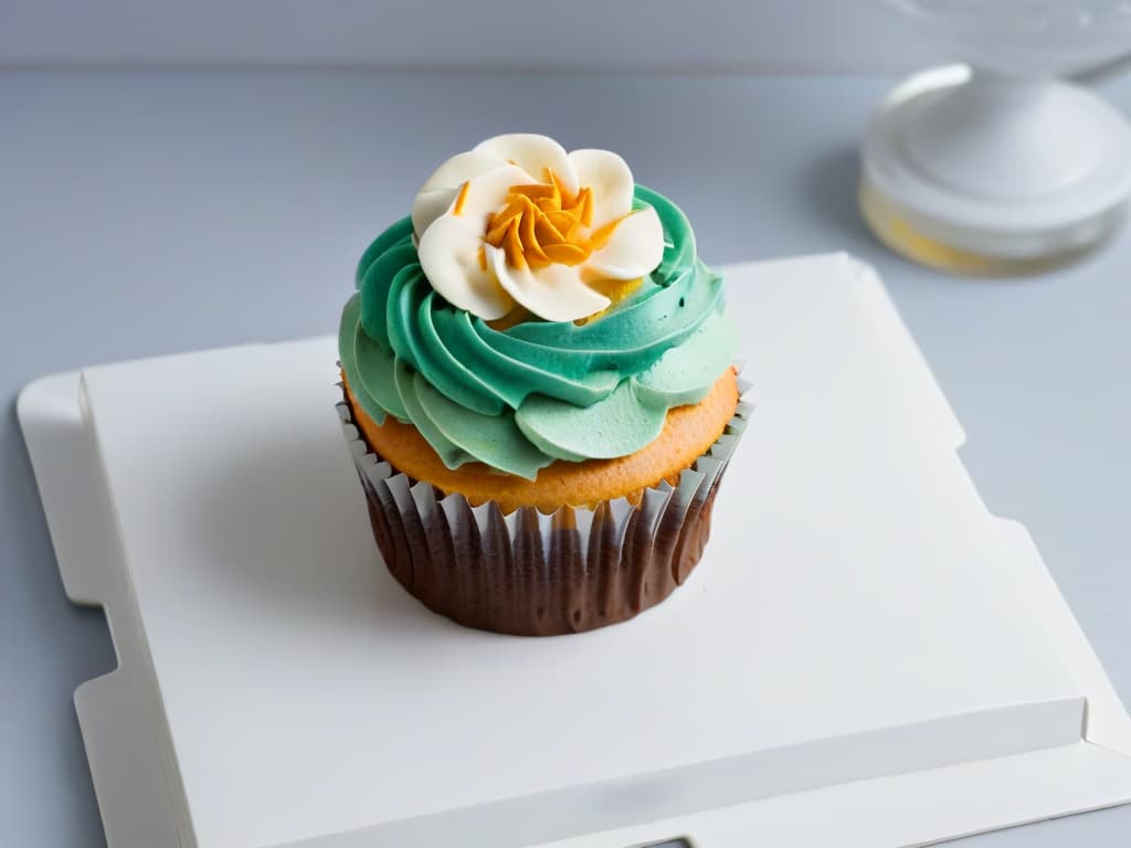  A minimalist and highly detailed image of a beautifully decorated cupcake with intricate icing designs, displayed on a simple, elegant white plate. The cupcake features a branding logo on top created with colorful icing, showcasing the art of thematic branding in pastry design. The image exudes a sense of professionalism and creativity, capturing the essence of thematic merchandising in the world of bakery and pastry business. hyperrealistic, full body, detailed clothing, highly detailed, cinematic lighting, stunningly beautiful, intricate, sharp focus, f/1. 8, 85mm, (centered image composition), (professionally color graded), ((bright soft diffused light)), volumetric fog, trending on instagram, trending on tumblr, HDR 4K, 8K