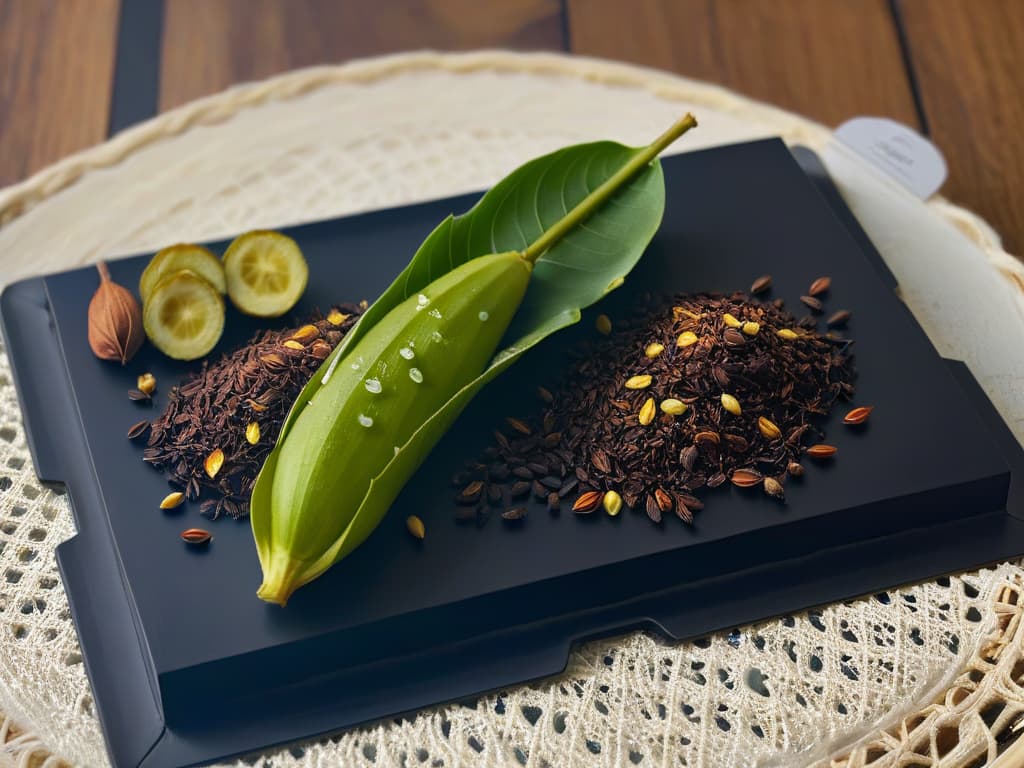  A closeup, ultradetailed image of a delicate vanilla bean pod split open to reveal its tiny, intricate seeds resting on a sleek, modern black plate. The seeds glisten in the soft, natural light, showcasing their texture and richness, while the background fades into a subtle blur, emphasizing the purity and elegance of this classic flavor element. hyperrealistic, full body, detailed clothing, highly detailed, cinematic lighting, stunningly beautiful, intricate, sharp focus, f/1. 8, 85mm, (centered image composition), (professionally color graded), ((bright soft diffused light)), volumetric fog, trending on instagram, trending on tumblr, HDR 4K, 8K