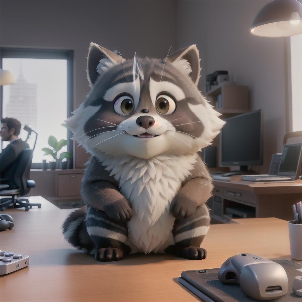  raccoon sitting in gaming chair front a computer on desktop, ((semi anthropomorphic)),(full body), tail, belly, sitting, fat, (chubby), (((white background))), solo, desktop, gaming chair, side view,  [[[clothes]]] hyperrealistic, full body, detailed clothing, highly detailed, cinematic lighting, stunningly beautiful, intricate, sharp focus, f/1. 8, 85mm, (centered image composition), (professionally color graded), ((bright soft diffused light)), volumetric fog, trending on instagram, trending on tumblr, HDR 4K, 8K