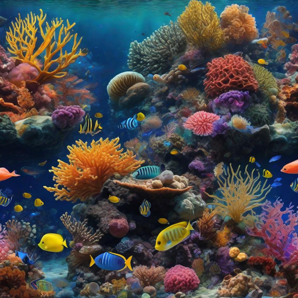  masterpiece, best quality, beautiful deep sea full of corals, diverse marine life and fascinating underwater landscapes with corals, appendages, small fish, anemones, dolphins, various algae, caves, colorful, 8k resolution and intricate detail