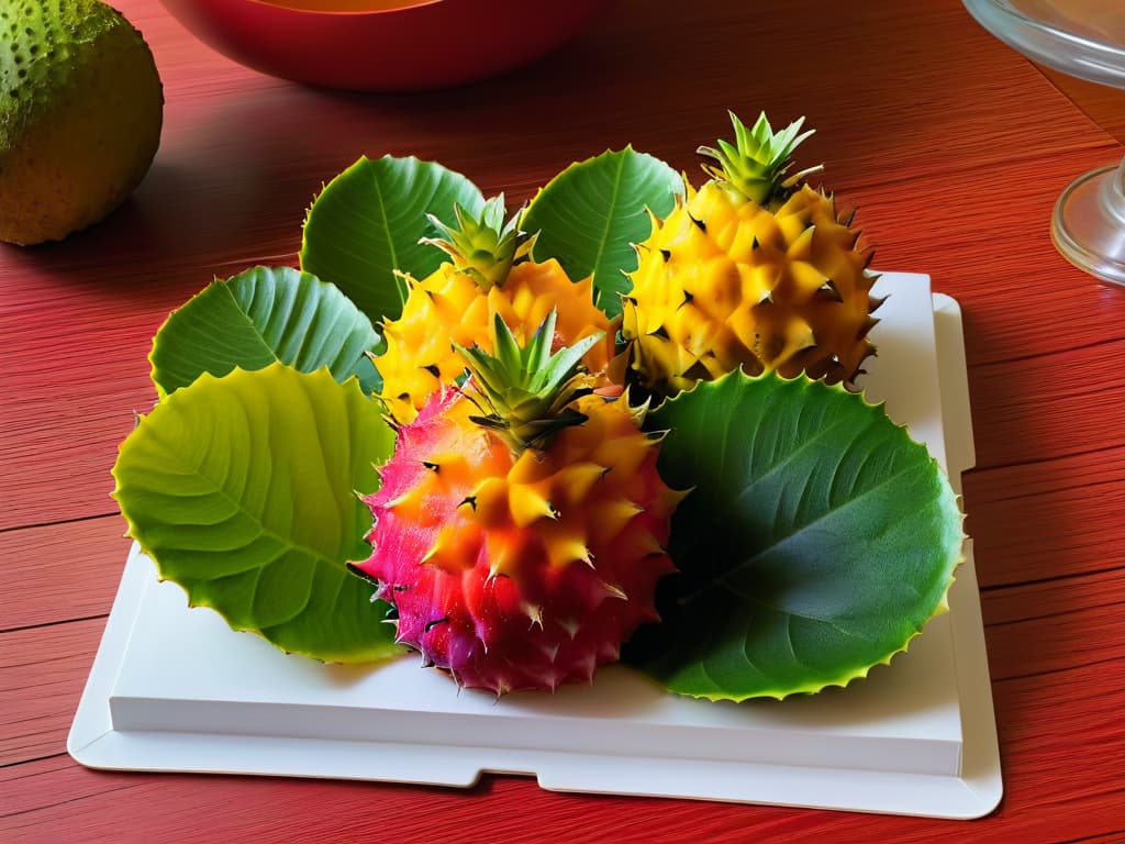  An ultradetailed image of a vibrant and exotic fruit platter featuring slices of ripe kiwano and pitahaya arranged in an artistic and visually appealing manner. The kiwano's bright orange skin with spiky protrusions contrasts beautifully with the pitahaya's magenta and green exterior, showcasing the unique textures and colors of these exotic fruits. The image is captured with incredible clarity, highlighting the intricate details of the fruits' flesh and seeds, creating a visually striking and minimalistic composition that is sure to captivate the audience's attention. hyperrealistic, full body, detailed clothing, highly detailed, cinematic lighting, stunningly beautiful, intricate, sharp focus, f/1. 8, 85mm, (centered image composition), (professionally color graded), ((bright soft diffused light)), volumetric fog, trending on instagram, trending on tumblr, HDR 4K, 8K