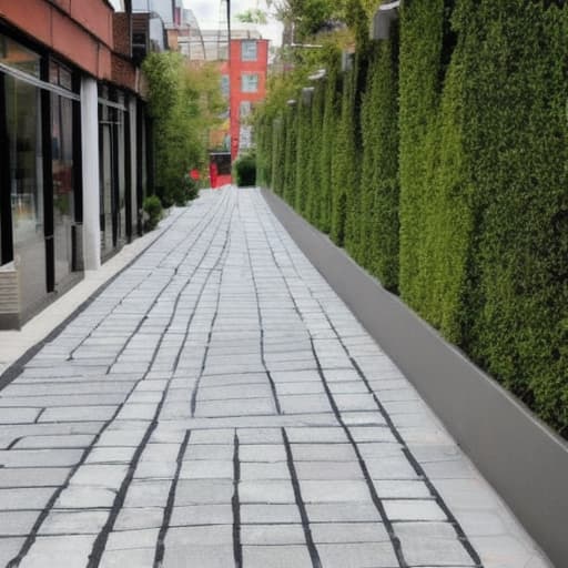  Urban sidewalk design for people without car traffic, the sidewalk walls of commercial shops are brick-faced, the path is covered with creeping plants and gardens, geometric shapes flooring with tiles