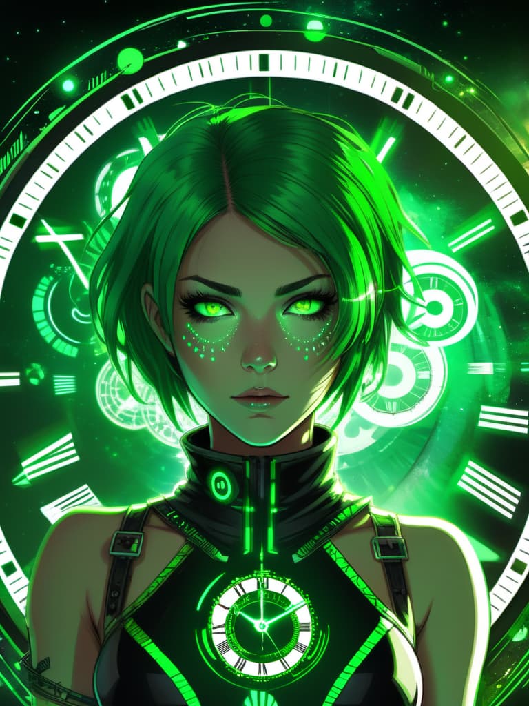  concept art Toxic Punk theme, woman, freckles, green eyes, green wedge cut hair, solo, half shot, looking down, detailed background, detailed face, glowing eyes, master of time, eternity, weightless, circular patterns, clock, light aura, cosmic space in background, epic atmosphere, inspired by george pérez . digital artwork, illustrative, painterly, matte painting, highly detailed