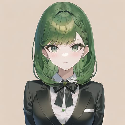  master piece , best quality,Green hair, girl, dark eyes, matching bangs, black tie, shirt