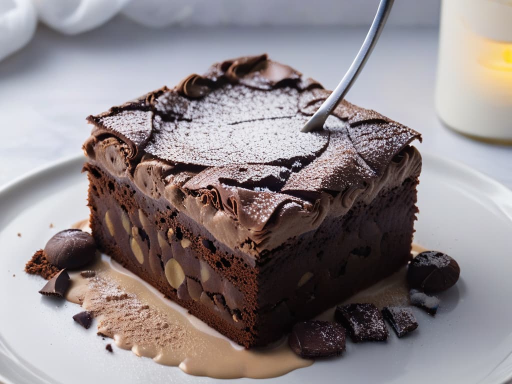  An ultradetailed closeup image of a freshly baked gourmet sugarfree brownie, showcasing its rich, moist texture with decadent chocolate chunks scattered on top, set against a pristine white marble background. The brownie is artfully dusted with a light sprinkling of cocoa powder, emphasizing its indulgent quality, while a sleek, modern silver fork rests elegantly beside it, ready to take a delicious bite. hyperrealistic, full body, detailed clothing, highly detailed, cinematic lighting, stunningly beautiful, intricate, sharp focus, f/1. 8, 85mm, (centered image composition), (professionally color graded), ((bright soft diffused light)), volumetric fog, trending on instagram, trending on tumblr, HDR 4K, 8K